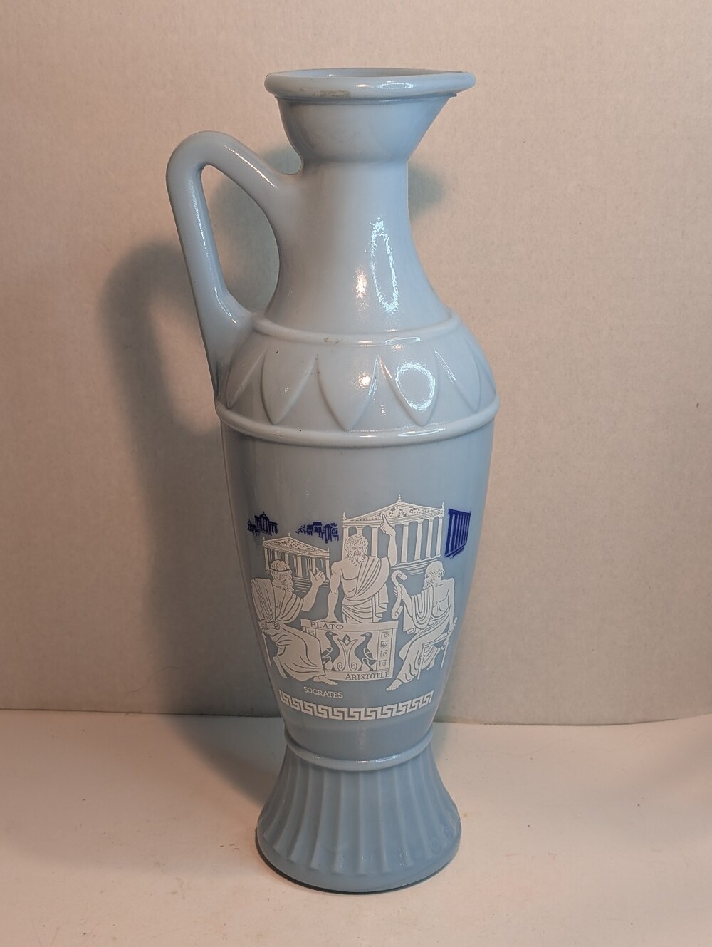 Vintage JIM BEAM Empty Decanter Sky Blue Socrates Plato Aristotle Grecian